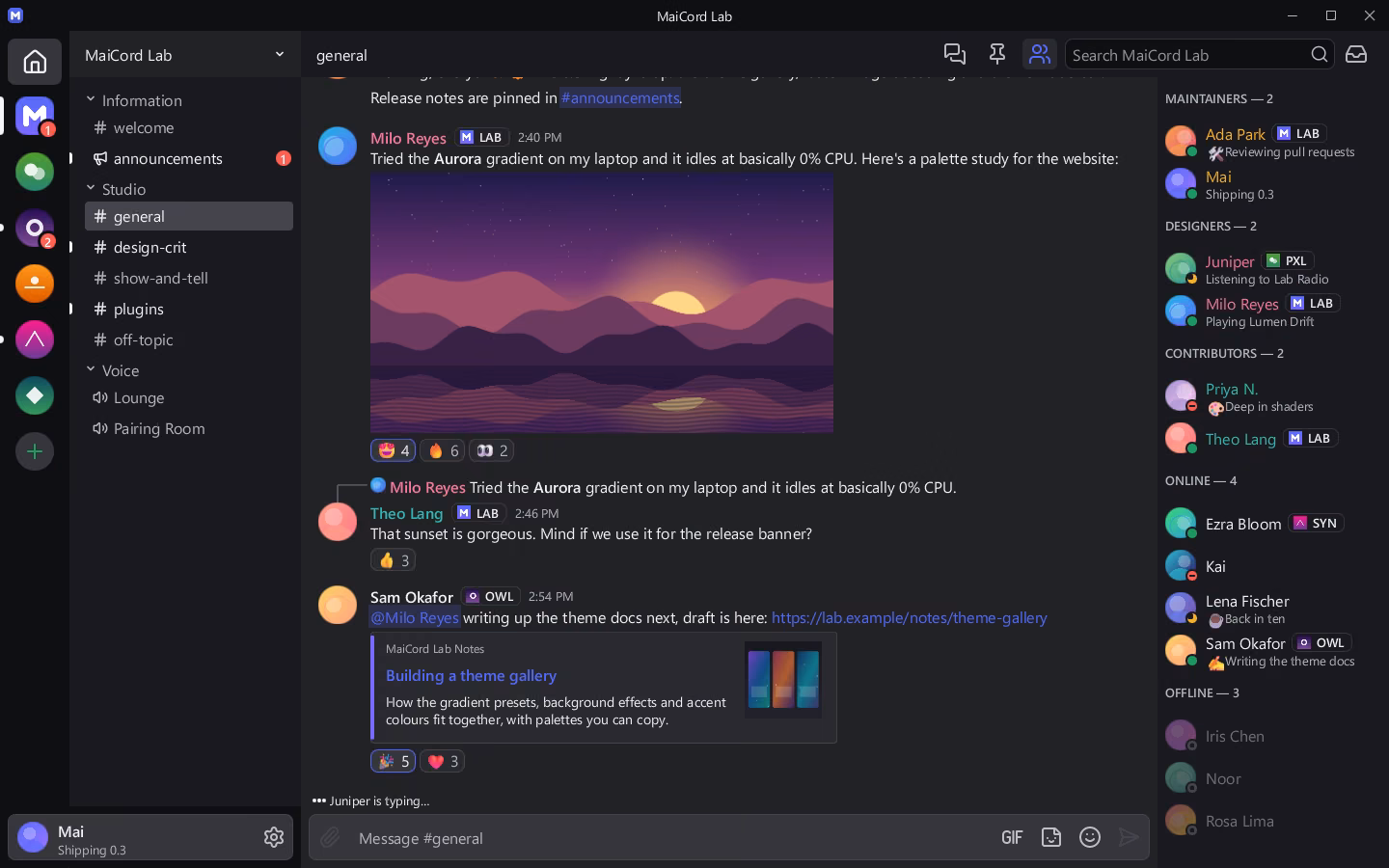 The same channel in the dark theme: an image with reactions, a reply, a link preview, server tags and the member list.