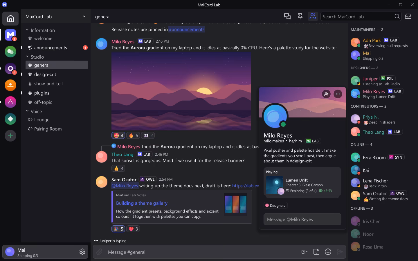 A profile popout over the channel, showing a banner, bio, server tag, role and a game activity card with artwork and elapsed time.