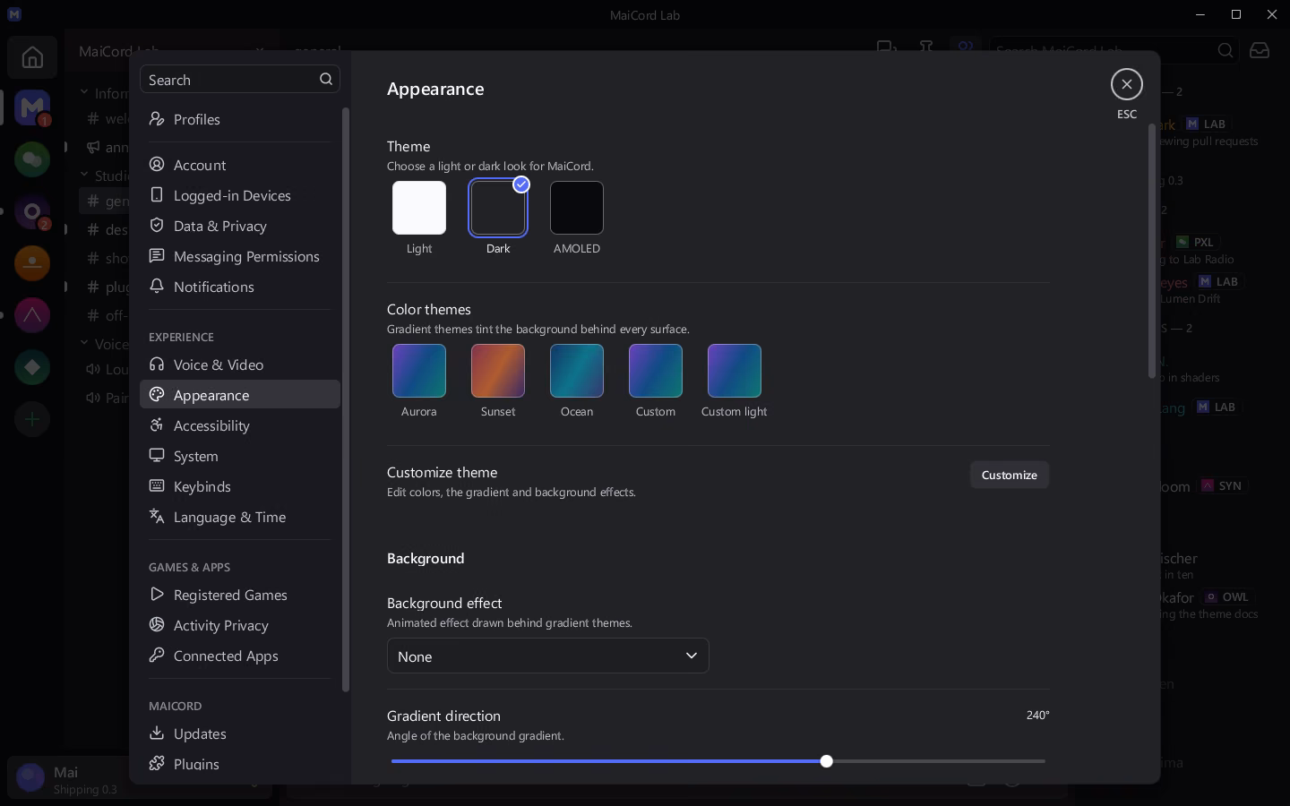 The Appearance page of MaiCord's settings, with theme and colour-theme choices.